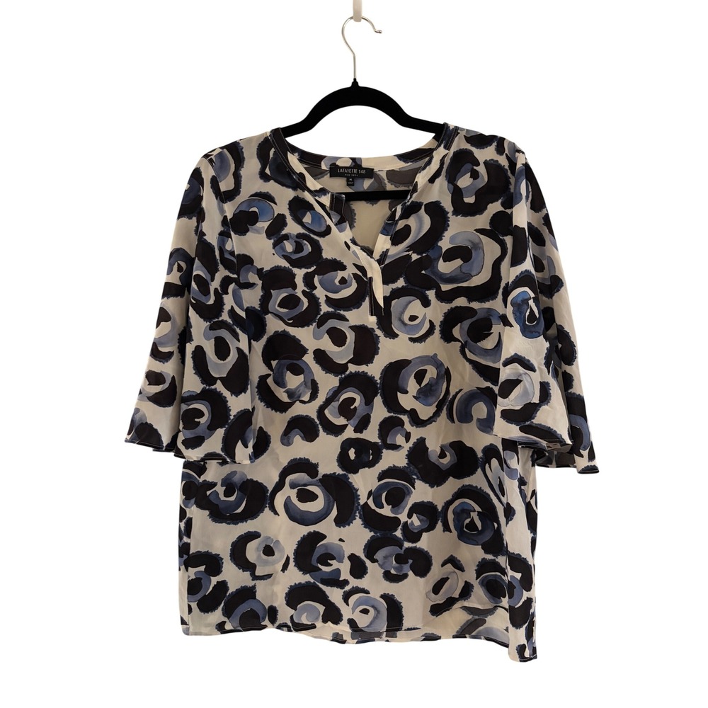 Lafayette 148 New York 100% Silk Abstract Print Bell Sleeve Blouse Navy Blue M
